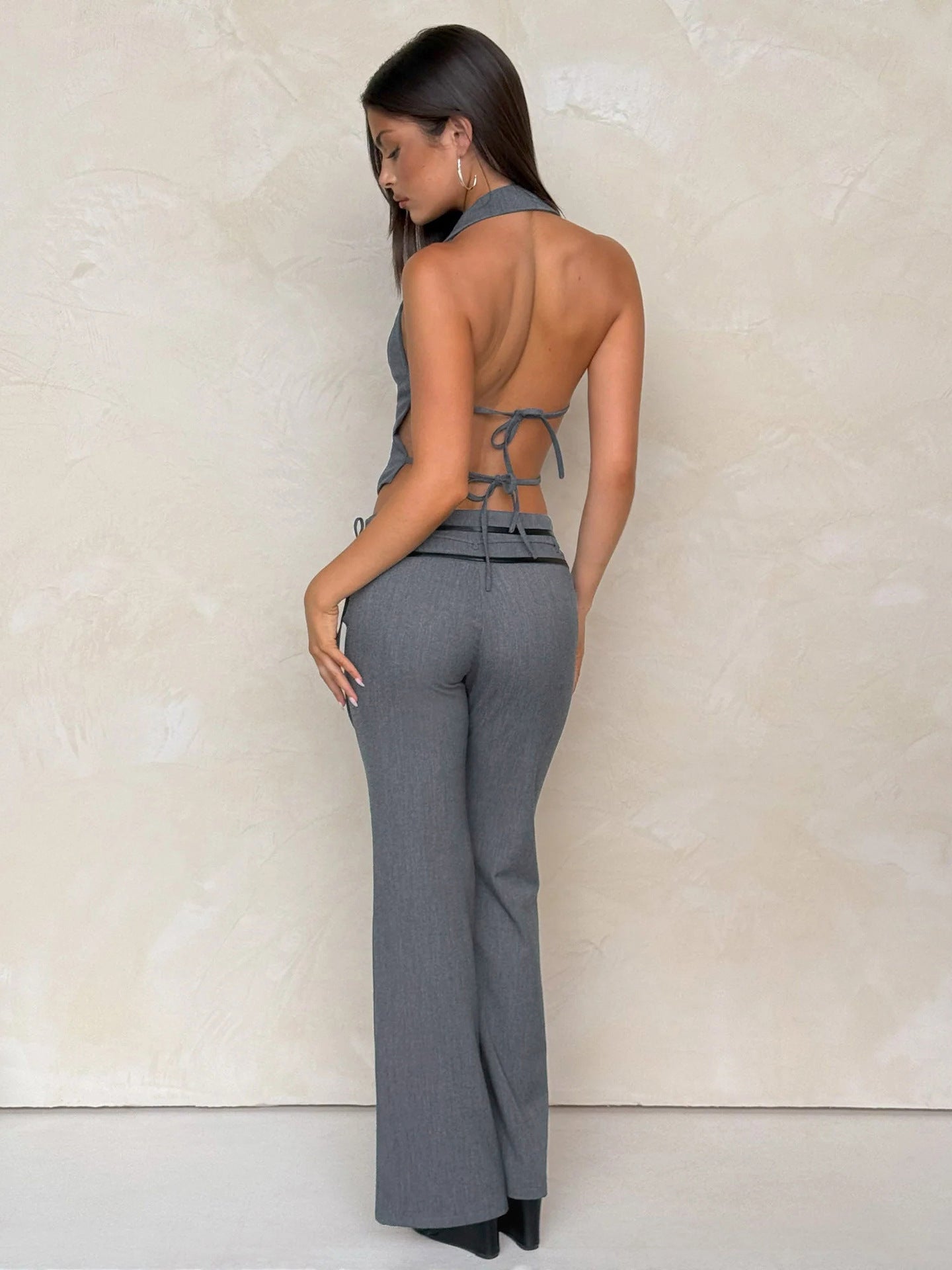 Y2K Office Outfit - Backless Vest & Low-Rise Leather Pants Set| Free Shipping| Crypto Payments