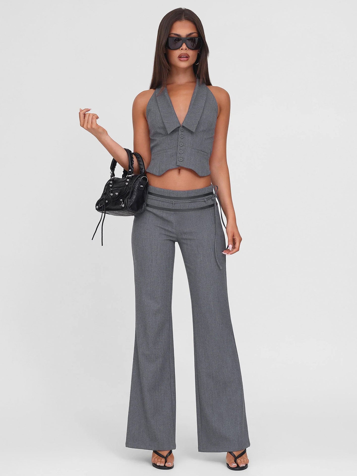 Y2K Office Outfit - Backless Vest & Low-Rise Leather Pants Set| Free Shipping| Crypto Payments