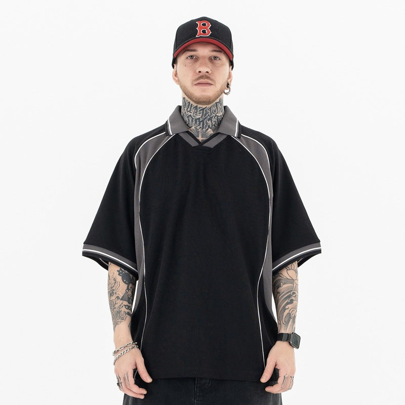 High-Street Raglan T-Shirt | Color Block Polo Style | Loose Fit | Black Apricot | Free Global Shipping | Crypto Accepted