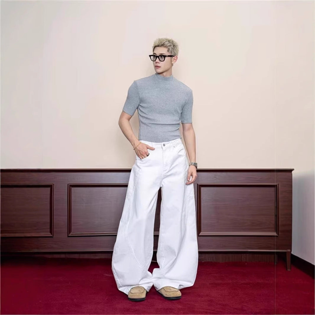 White Retro Scimitar Jeans for Men – Wide-Leg Streetwear Pants with Big Pockets | Free Shipping | Crypto Accepted