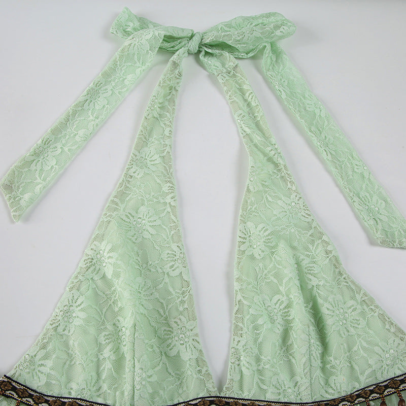 Beaded Lace Blouse - Mint Green Tie-Front Top | Free Shipping |Crypto Payments