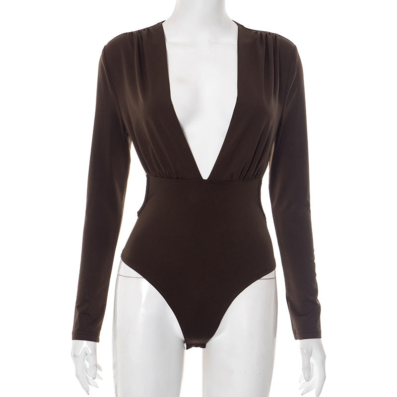Body Sexy com Decote V Profundo e Costas Descoberto - Preto/Marrom | Macacão Justo Feminino