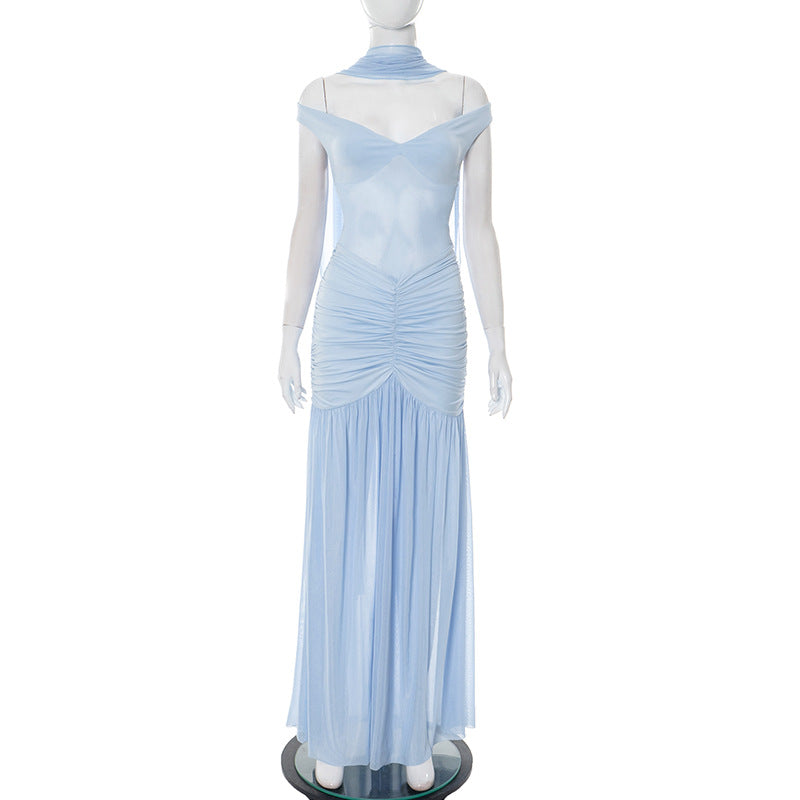 Y2K Mermaid Gown - Sheer Mesh Formal Dress with Sexy Back Cutout