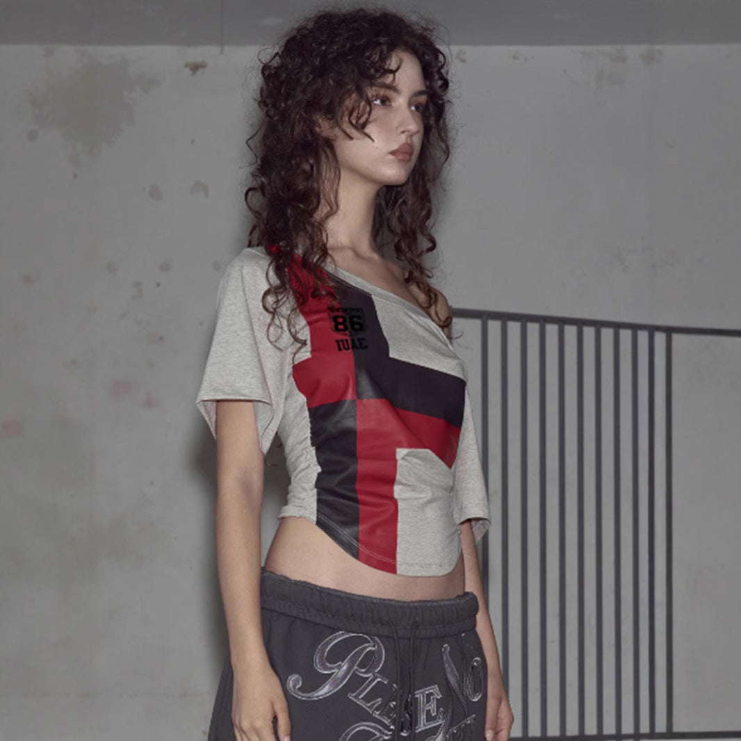 Color-Block Off-Shoulder Tee - Geometric Streetwear Top |Free Shipping|Crypto Payments