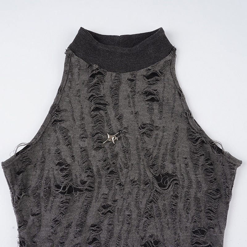 Cropped com gola alta e efeito desgastado - Camisa feminina com barriga rasgada e estampa grunge streetwear 2025 | Frete grátis