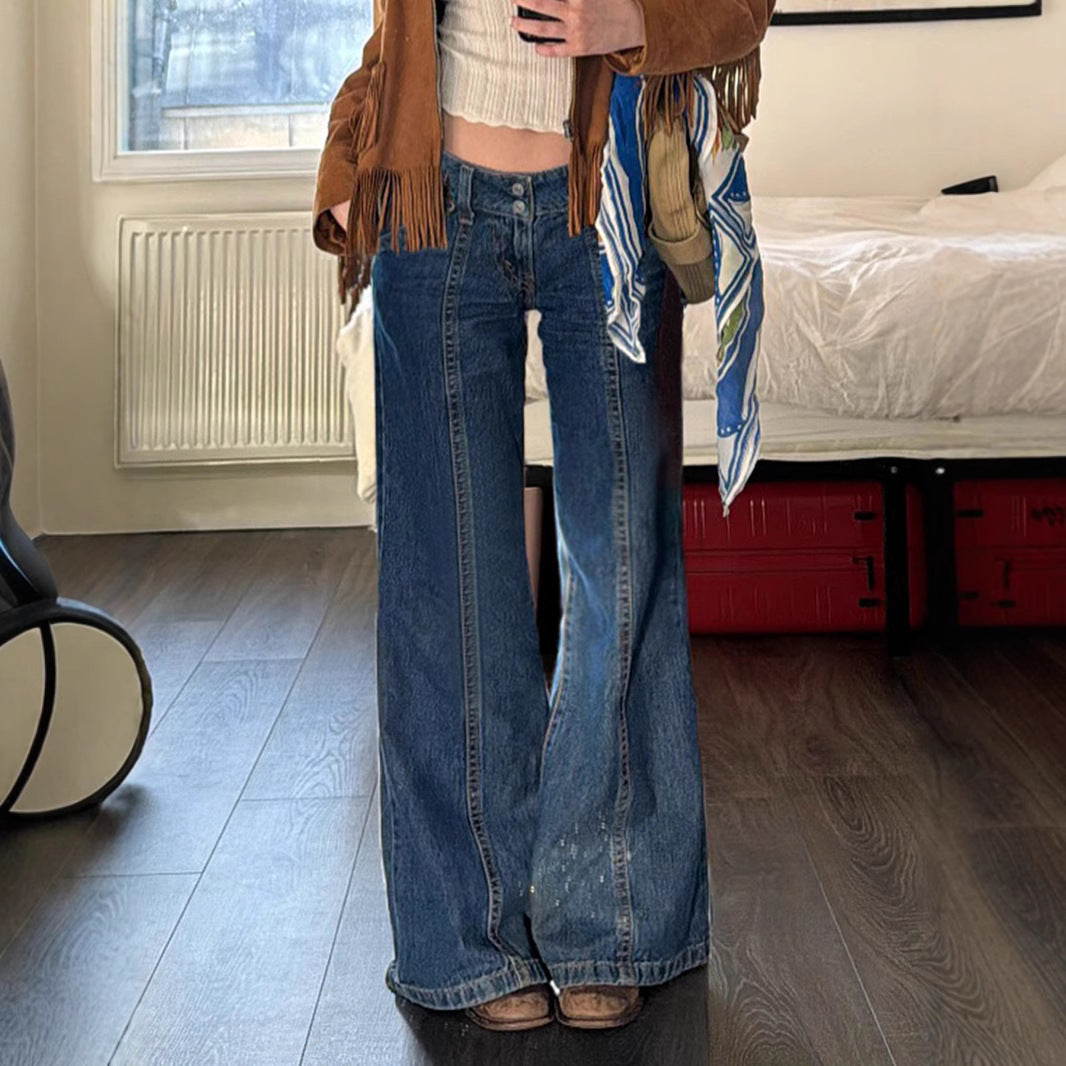 Y2K Wide-Leg Jeans - Distressed Blue Denim Pants | Crypto Payments