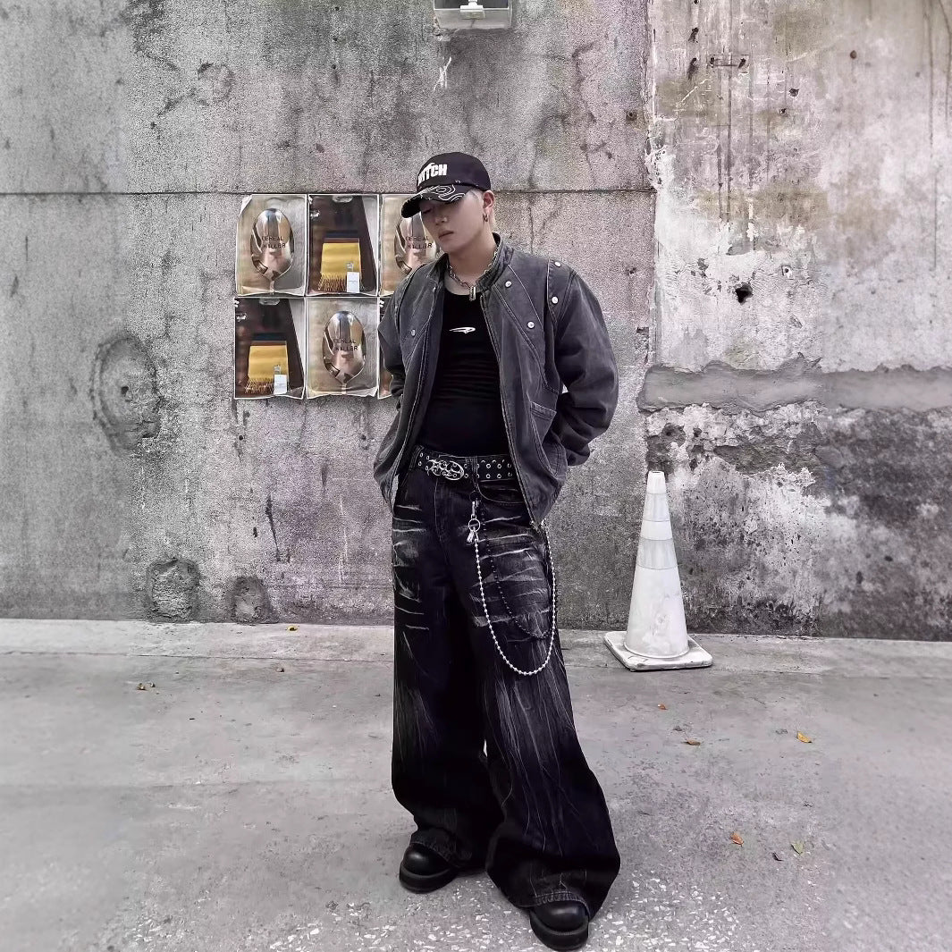 Retro Vibe Washed Black Lightning Jeans, Unisex High-Street Wide-Leg, Free Shipping, Crypto Pay