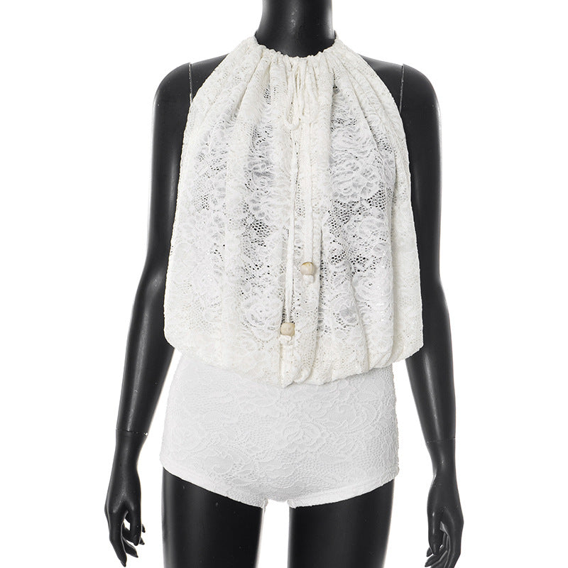 Sexy Lace Jumpsuit - Women's Backless Short Romper with Ties | Crypto Accepted