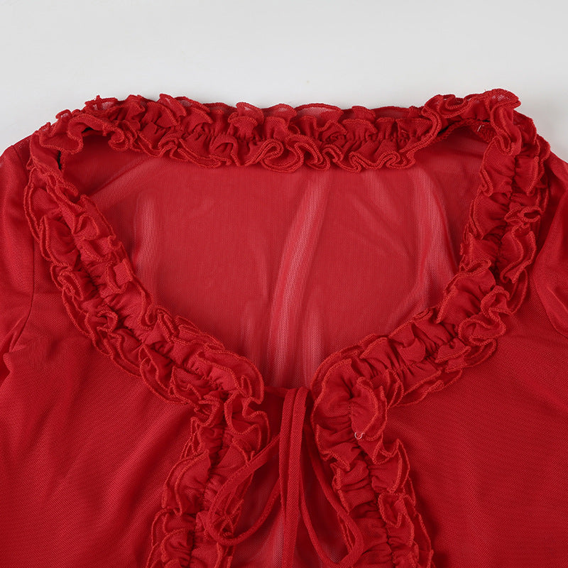 Sexy Mesh Crop Top - Ruffle Bell Sleeve Blouse | Free Shipping|Crypto Payments