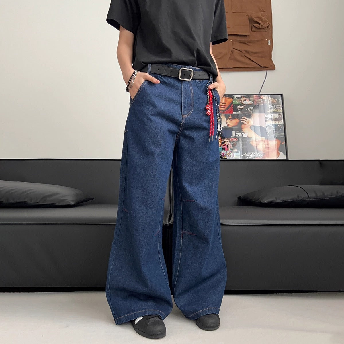 Clean Washed Dark Blue Jeans – Men’s Vintage Vibe Style | Loose Wide-Leg Straight Fit | Free Shipping | Crypto Accepted
