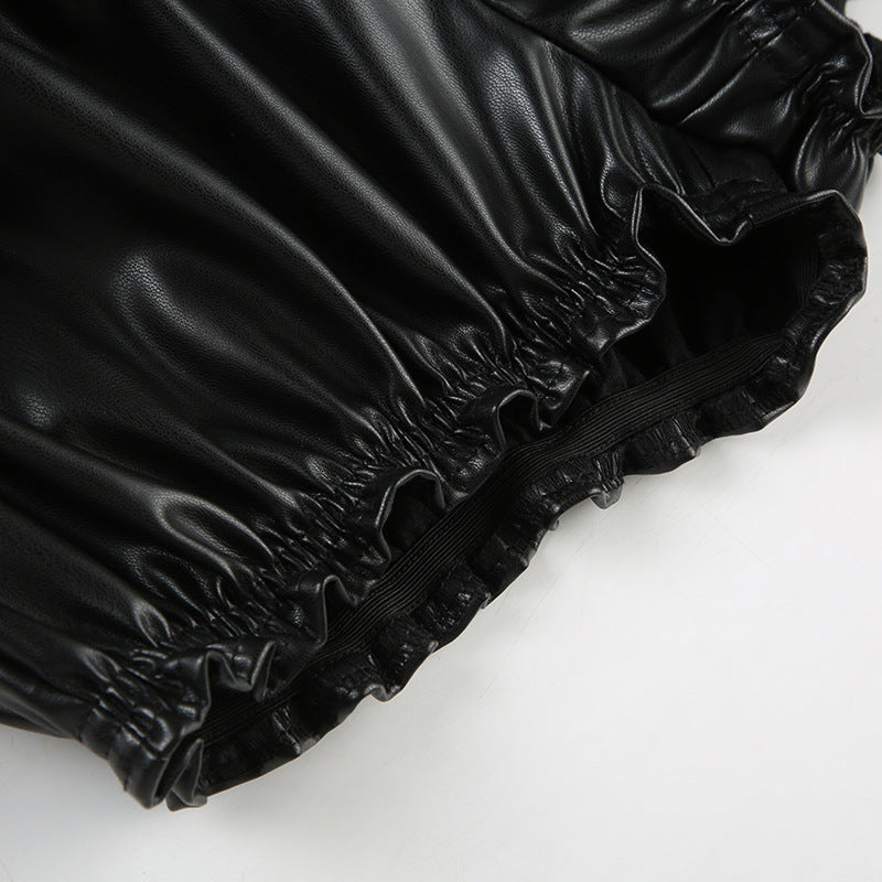 Leather-Panel Mini Skirt - Flirty Flounce Hem | Free Shipping|Crypto Payments