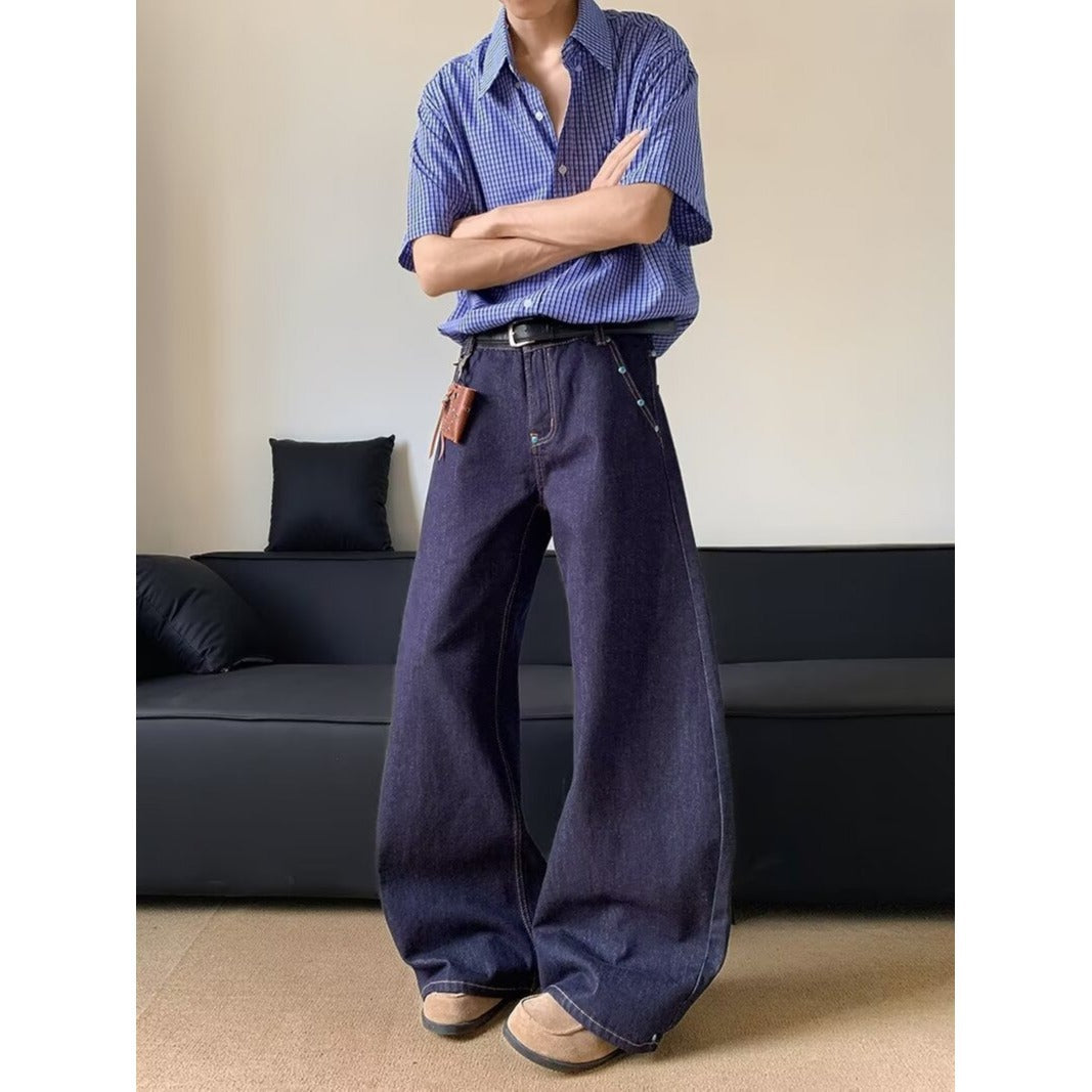 Retro Turquoise Scimitar Jeans – Unisex Clean Fit Raw Denim | Dark Blue Wide-Leg Streetwear | Free Shipping | Crypto Accepted