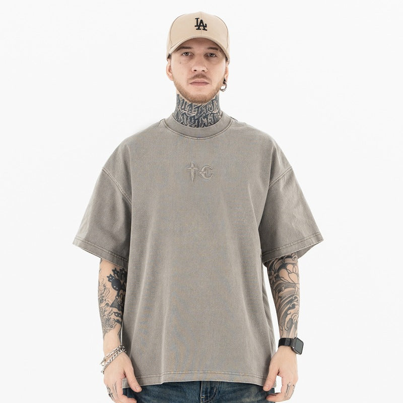 Heavyweight Street T-Shirt | Embroidered Patchwork | Khaki Dark Gray | 100% Cotton | Free Global Shipping | Crypto Accepted