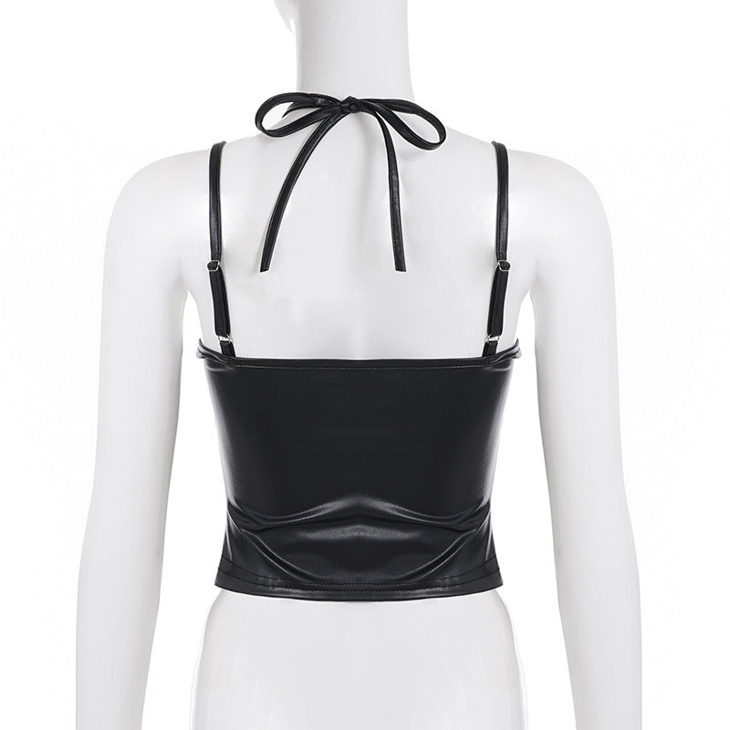Punk Leather & Lace Halter Top - Edgy Corset Bustier Cropped Top | Free Shipping