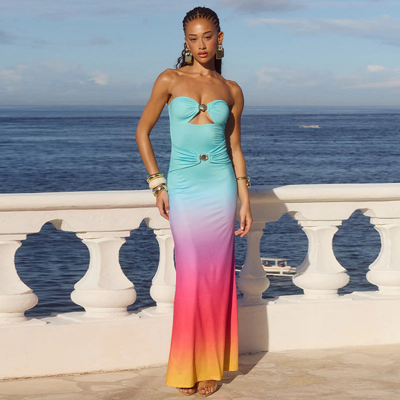 Women's Gradient Evening Gown - Metallic Trim | Crypto Payments