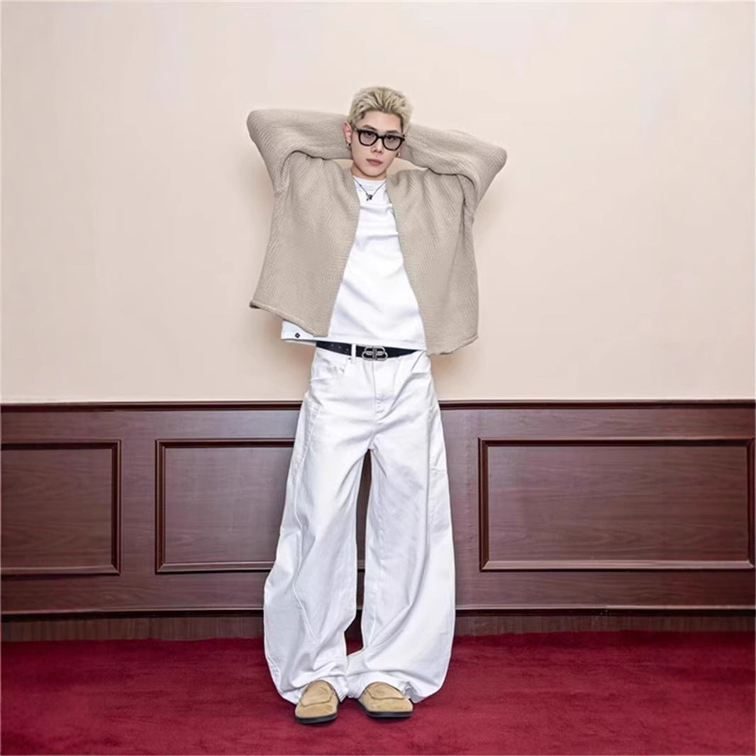 White Retro Scimitar Jeans for Men – Wide-Leg Streetwear Pants with Big Pockets | Free Shipping | Crypto Accepted