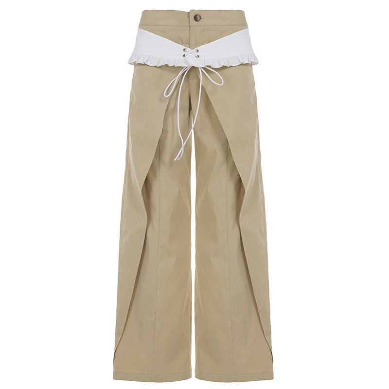 Designer Double Waist Pants - Women's Curved Hem Wide-Leg Trousers | Free Shipping