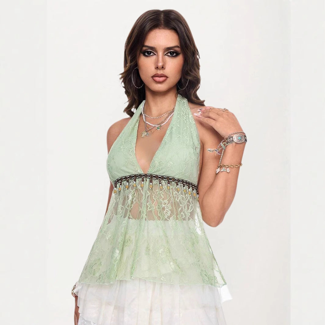 Beaded Lace Blouse - Mint Green Tie-Front Top | Free Shipping |Crypto Payments
