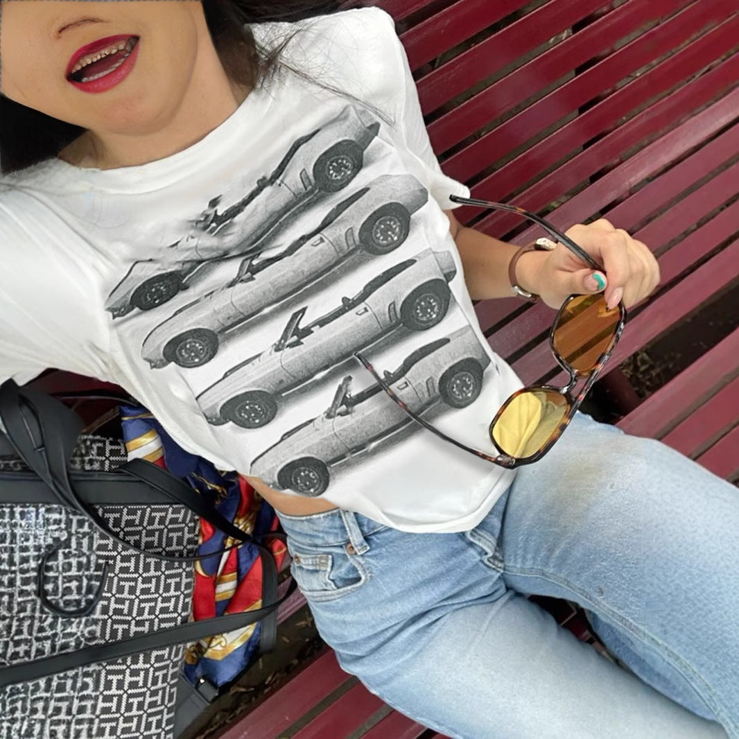 Y2K Streetwear Tee - Car Graphic Structured Shoulder Top| Crypto Payments
