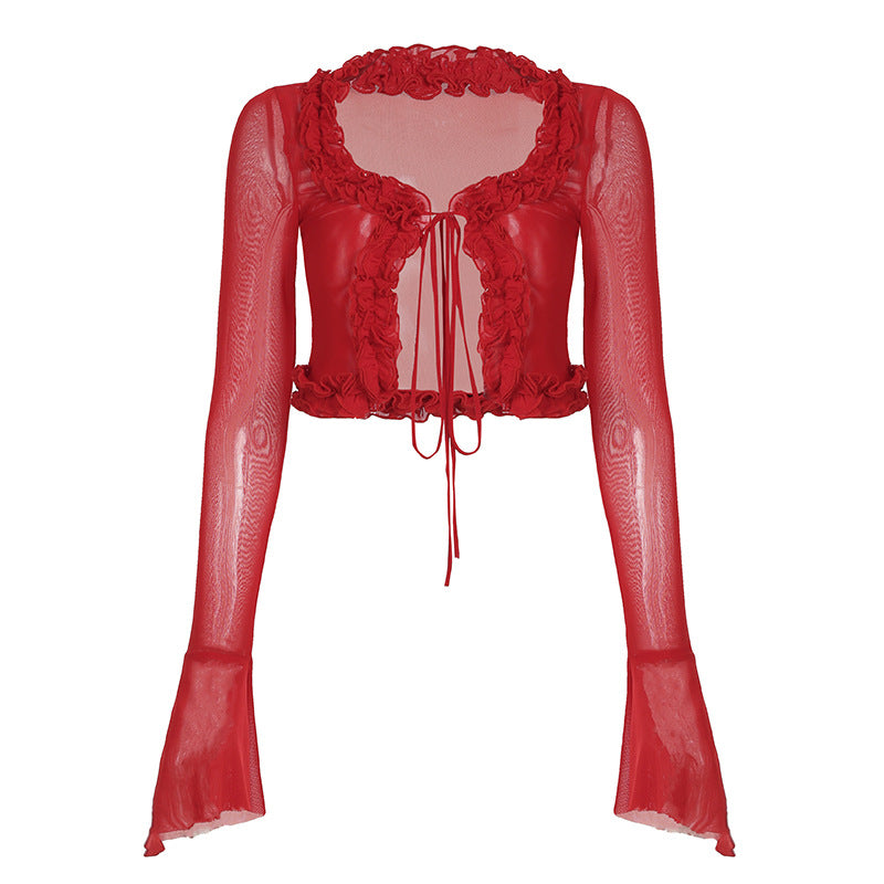 Sexy Mesh Crop Top - Ruffle Bell Sleeve Blouse | Free Shipping|Crypto Payments