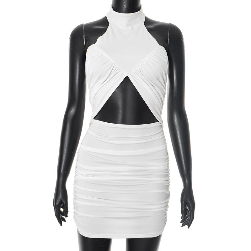 White Halter Backless Ruched Cutout Mini Dress – Sexy Bodycon Style, Free Shipping, Crypto OK