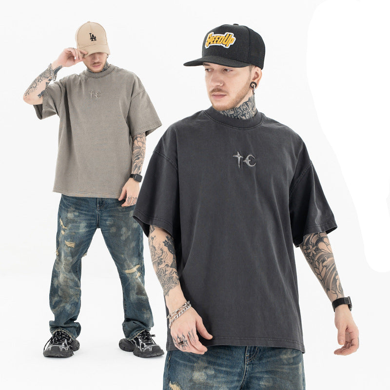 Heavyweight Street T-Shirt | Embroidered Patchwork | Khaki Dark Gray | 100% Cotton | Free Global Shipping | Crypto Accepted