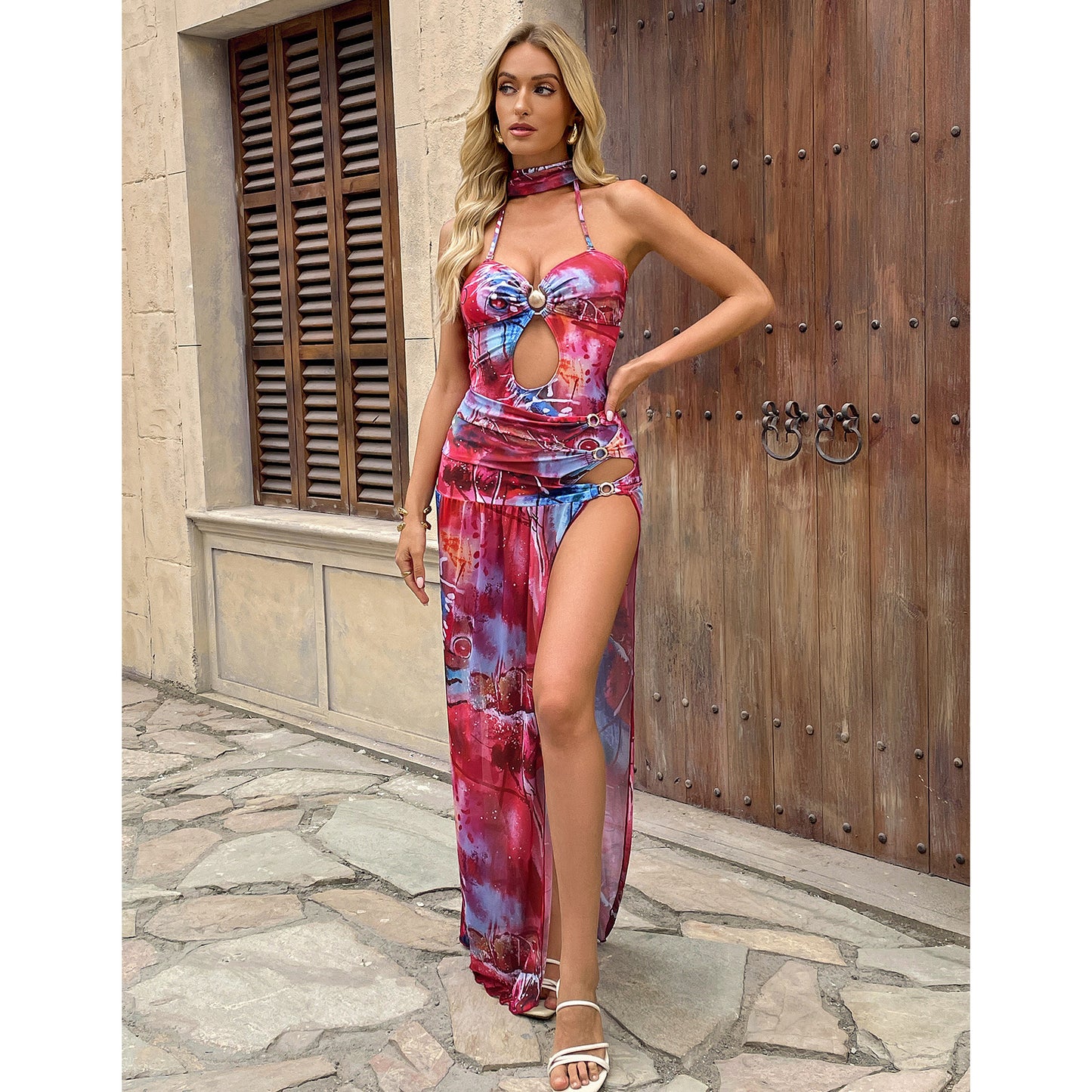 Sexy Red & Blue Bikini Set - Adjustable Ties & Backless One-Piece with Sarong | Free Shipping | Crypto Pay