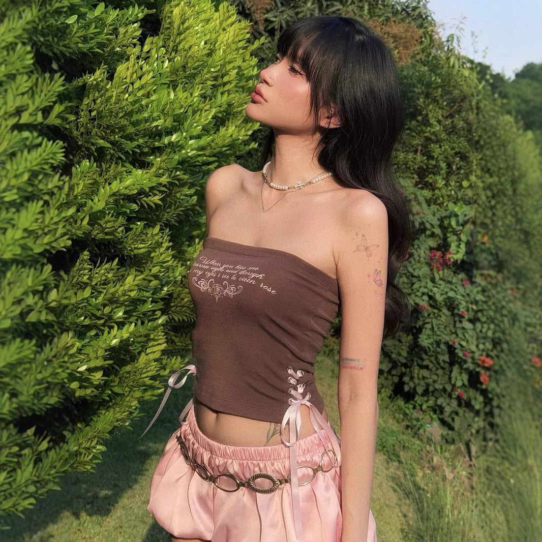Y2K Letter Bustier - Tie-Front Crop Top | Free Shipping|Crypto Payments