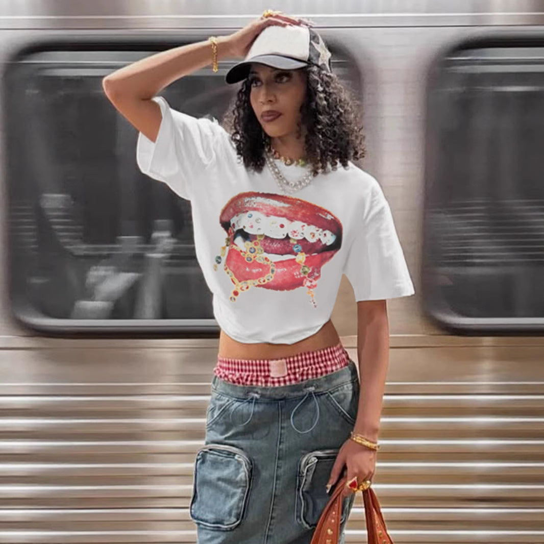Y2K Lip Print Tee - Oversized Graphic T-Shirt | Crypto Payments