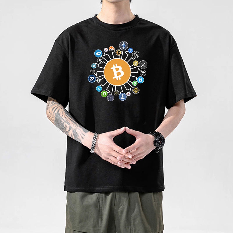 Men’s Crypto T-Shirt | 100% Cotton Blockchain Tee with Bitcoin, Ethereum, Dogecoin Prints | XS–2XL | Free Global Shipping