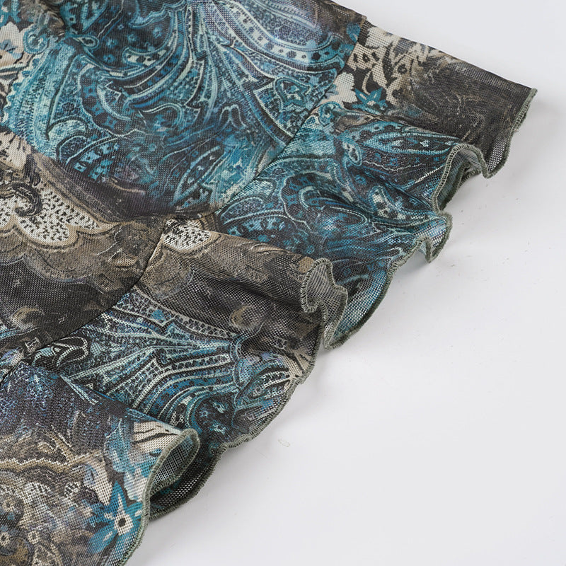 Vintage V-Neck Blouse - Flounce Hem Tie-Front Top| Crypto Payments