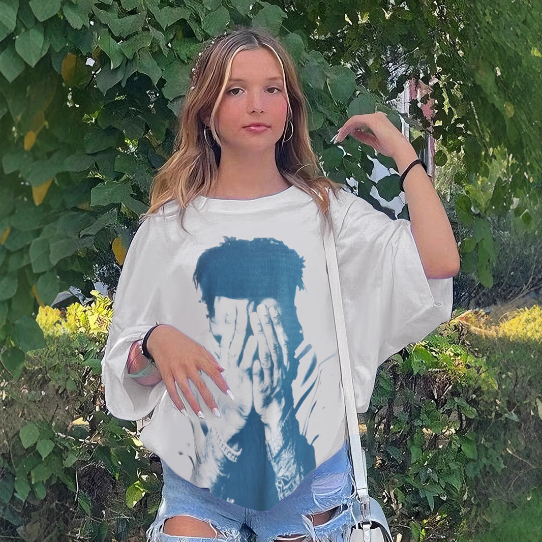Hip-Hop Portrait Tee - Oversized Drop-Shoulder T-Shirt | Free Shipping| Crypto Payments