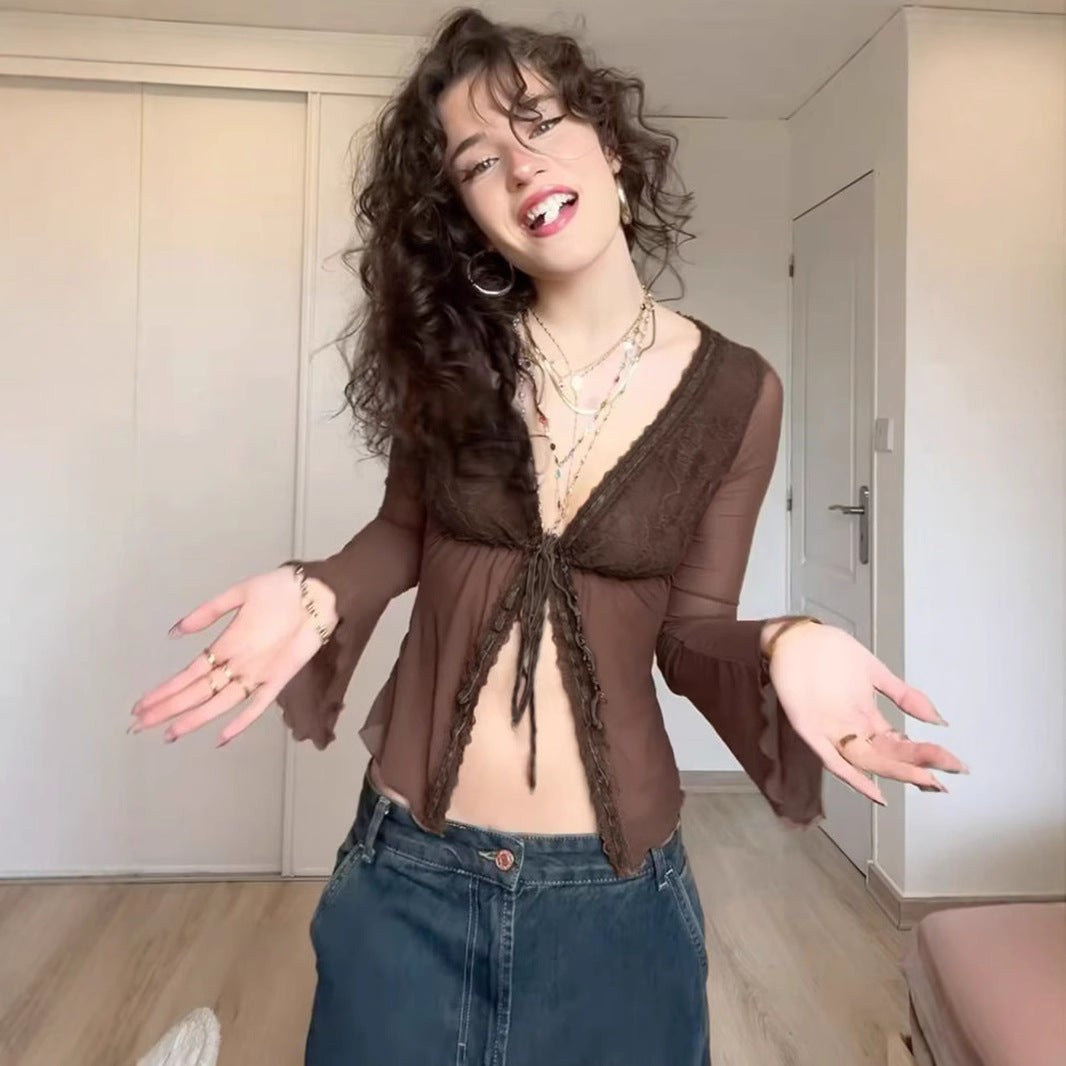 Y2K Mesh Cardigan - V-Neck Lace Cover-Up |Crypto Payments