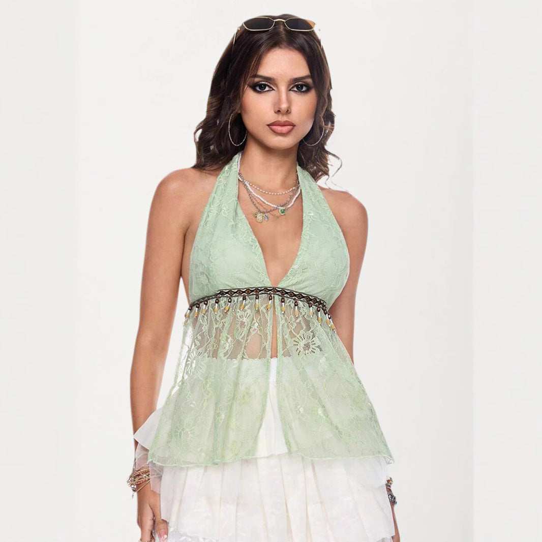 Beaded Lace Blouse - Mint Green Tie-Front Top | Free Shipping |Crypto Payments