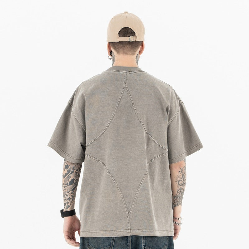 Heavyweight Street T-Shirt | Embroidered Patchwork | Khaki Dark Gray | 100% Cotton | Free Global Shipping | Crypto Accepted