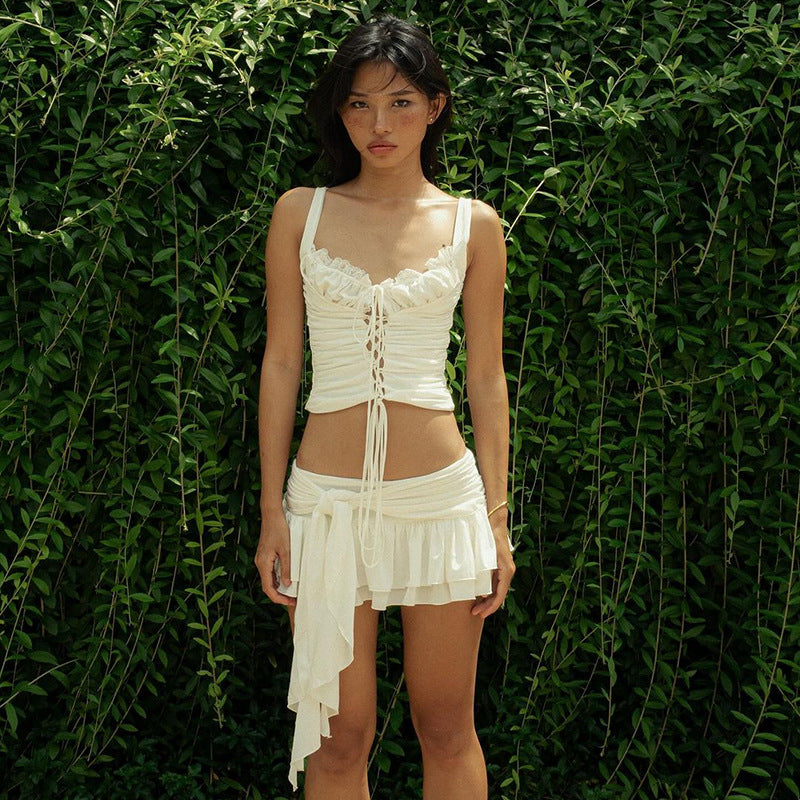 Tie-Front Bralette with Tiered Skirt - Matching Two-Piece Set| Free Shipping|Crypto Payments