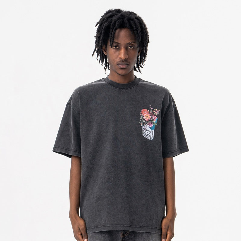 Vintage Floral Letter Graphic Tee - Distressed Oversized Streetwear T-Shirt
