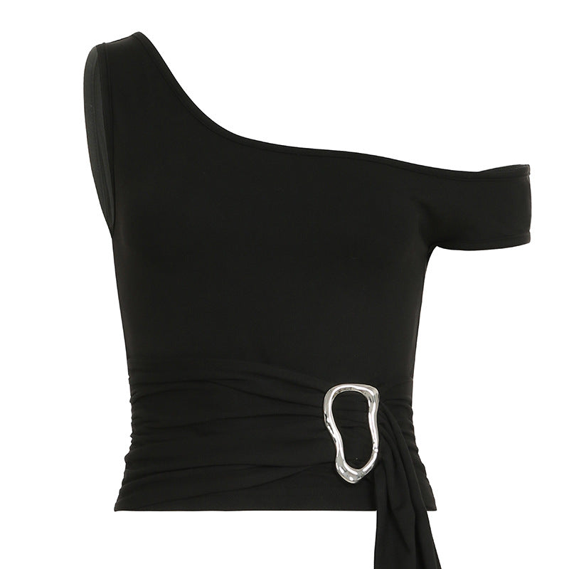 Black Asymmetric Cami Top - Off-Shoulder Streetwear Look with Waist Tie| Free Shipping|Crypto Payments