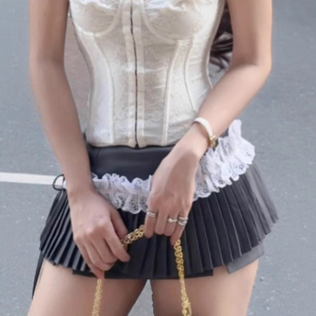 Lace Trim Pleated Skirt - Sexy Bodycon Mini |Free Shipping|Crypto Payments