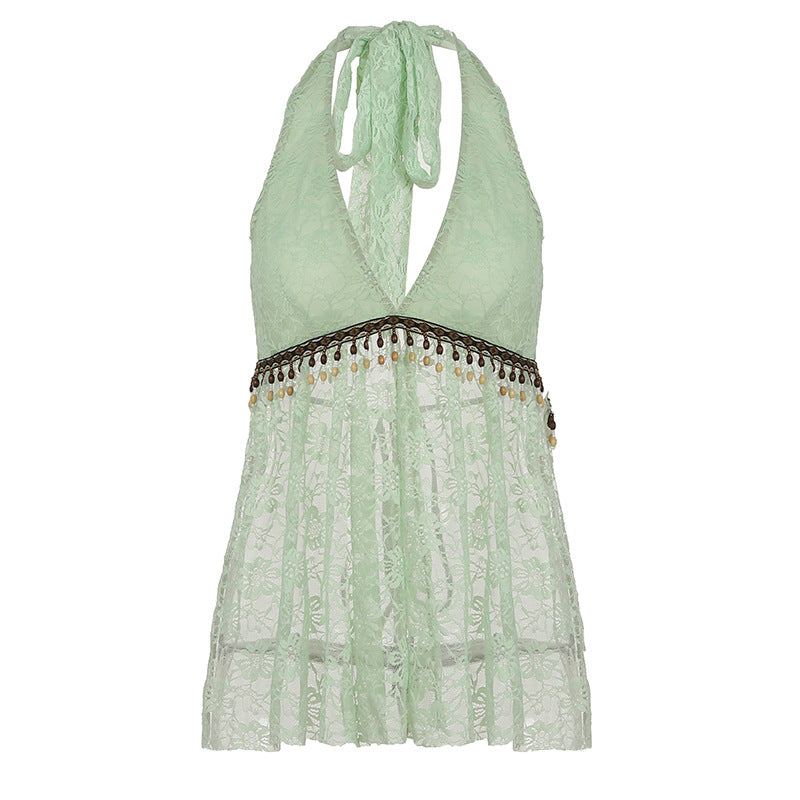 Beaded Lace Blouse - Mint Green Tie-Front Top | Free Shipping |Crypto Payments