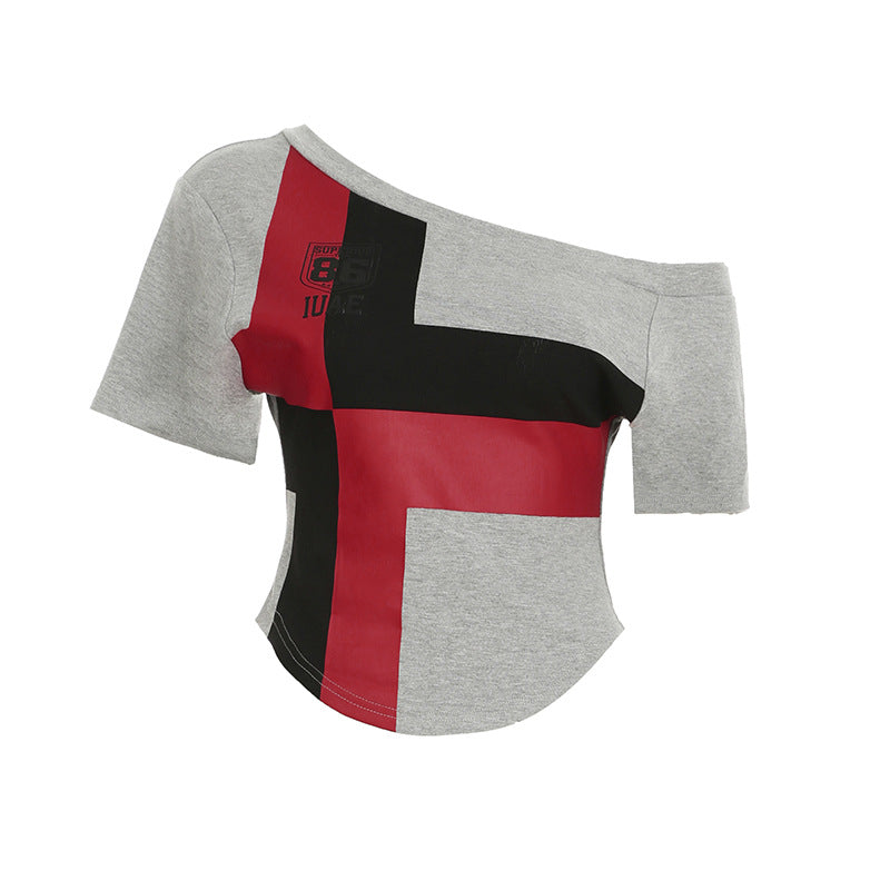 Color-Block Off-Shoulder Tee - Geometric Streetwear Top |Free Shipping|Crypto Payments