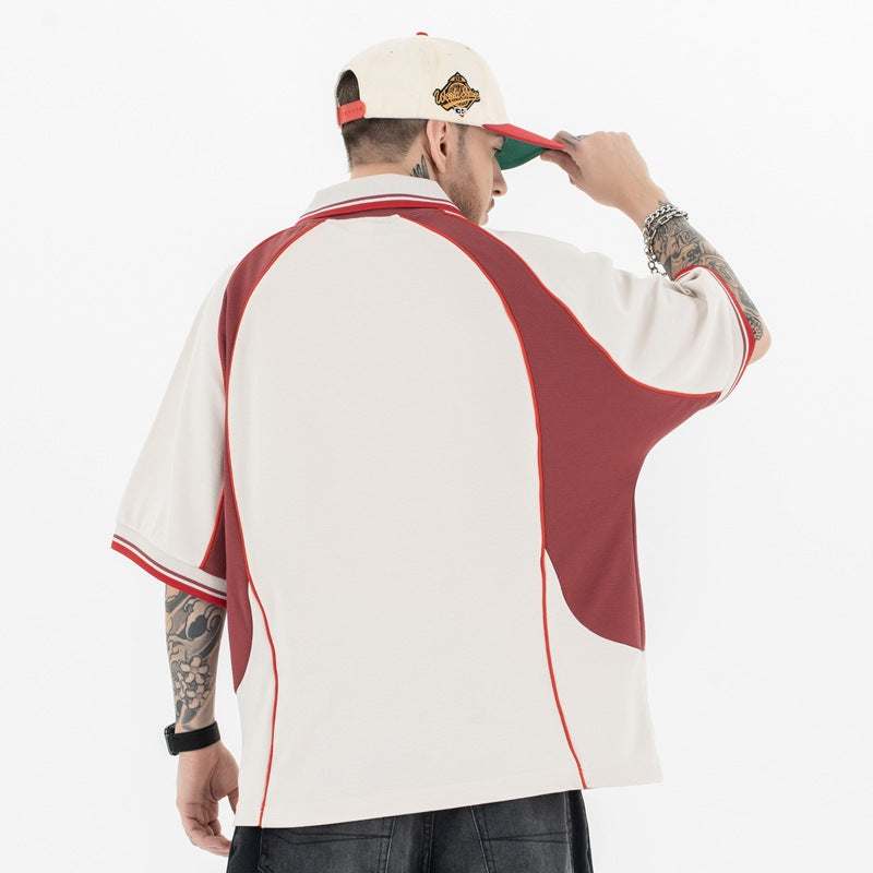 High-Street Raglan T-Shirt | Color Block Polo Style | Loose Fit | Black Apricot | Free Global Shipping | Crypto Accepted