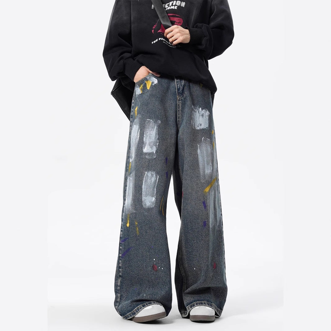 Men’s Graffiti Paint-Splatter Straight Jeans – Retro Streetwear Style | Free Global Shipping