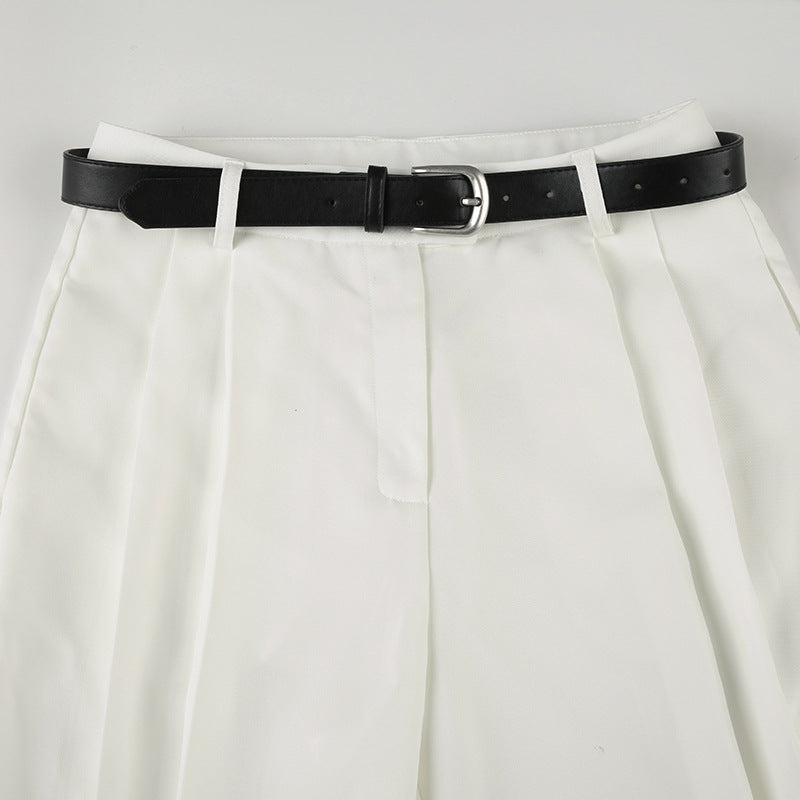 Pleated Wide-Leg Pants - Office Chic Trousers with PU Belt | Crypto Payments