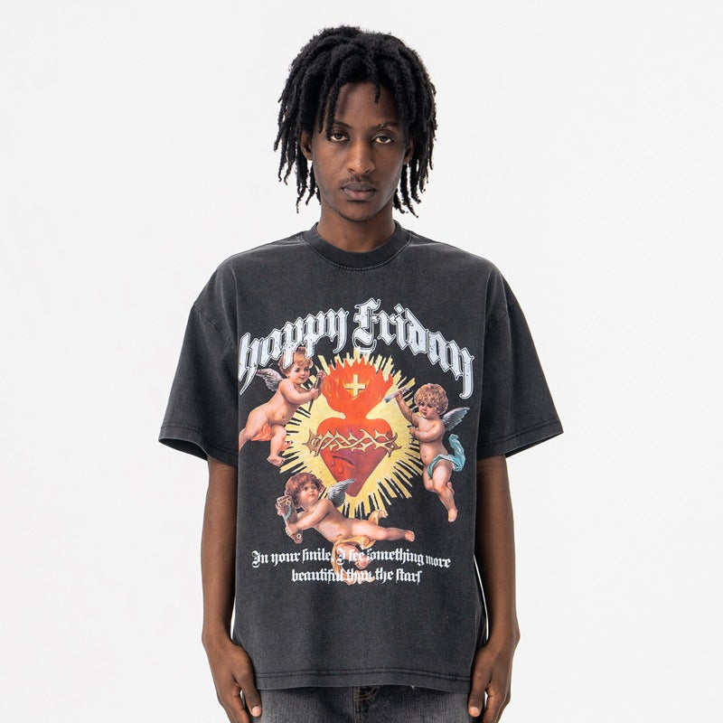 Retro Heart Print T-Shirt - Oversized Cotton Streetwear Top