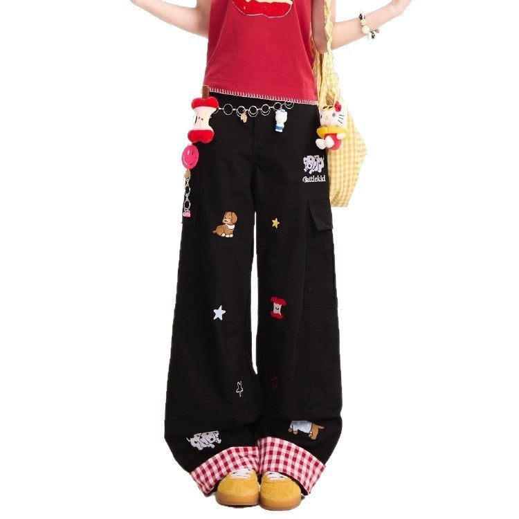 Dog Embroidery Wide-Leg Cargo Jeans – Women’s Vintage Streetwear | Loose Slimming Fit | Free Shipping | Crypto Accepted