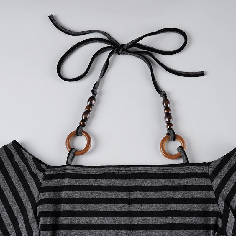 Retro Striped Off-Shoulder Top - Beaded Halter Neck Blouse| Crypto Payments
