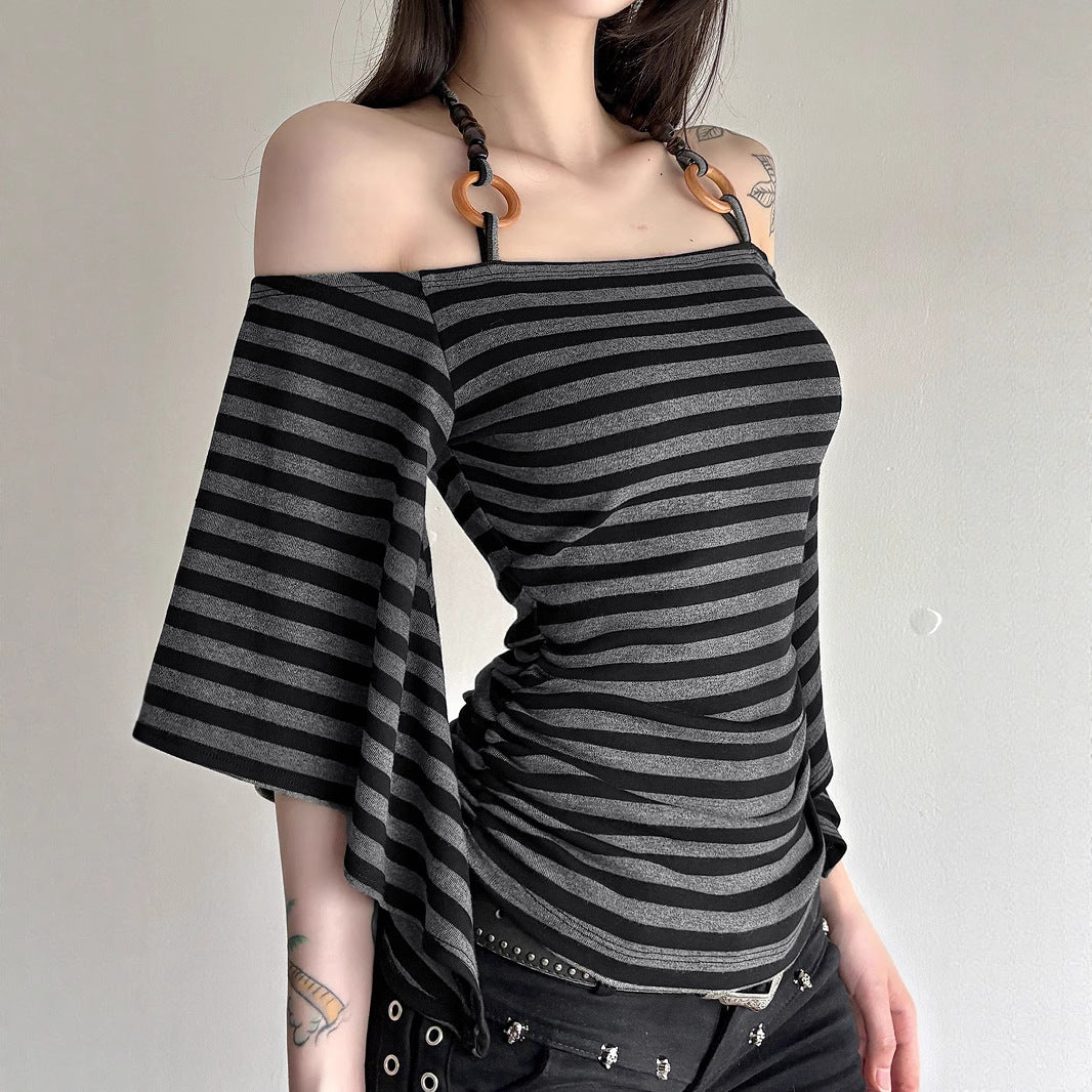 Retro Striped Off-Shoulder Top - Beaded Halter Neck Blouse| Crypto Payments