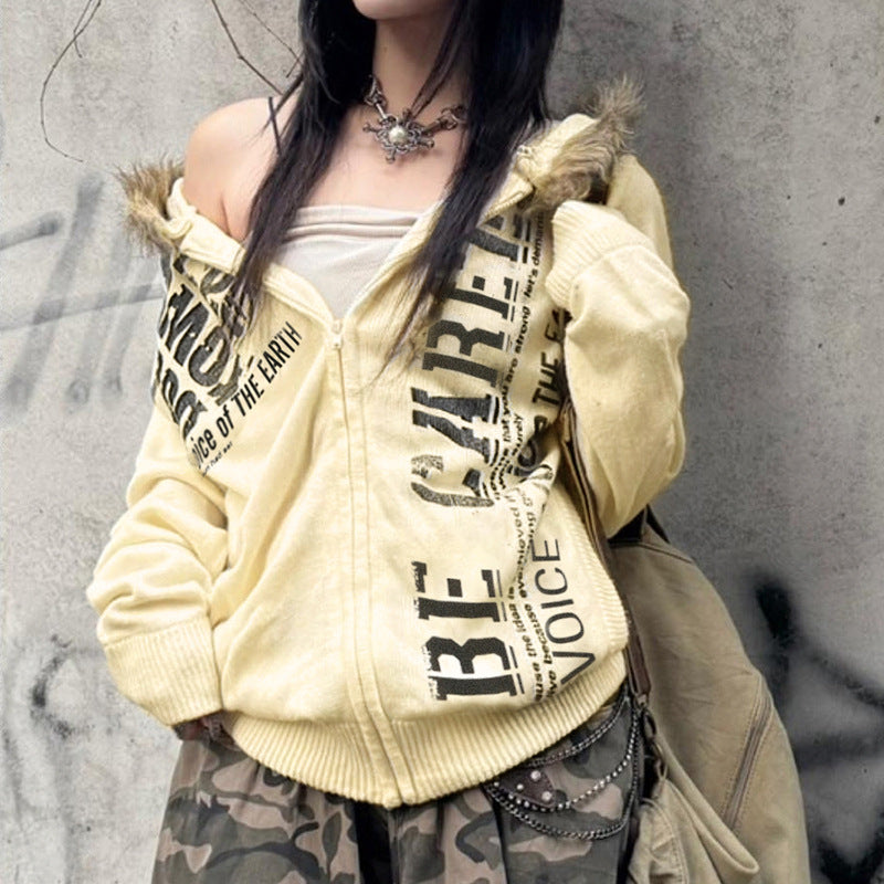 Y2K Fuzzy Letter Hoodie - Oversized Streetwear Sweatshirt | Free Shipping|Crypto Payments