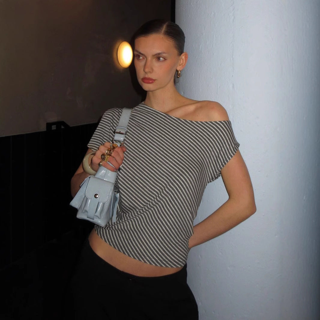 Y2K Striped Top - Sexy Off-Shoulder Asymmetric Design |Free Shipping|Crypto Payments